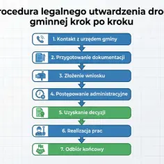 Schemat procedury legalnego utwardzenia drogi gminnej: kontakt z urzędem, przygotowanie dokumentacji, złożenie wniosku, postępowanie administracyjne, uzyskanie decyzji, realizacja prac, odbiór końcowy.