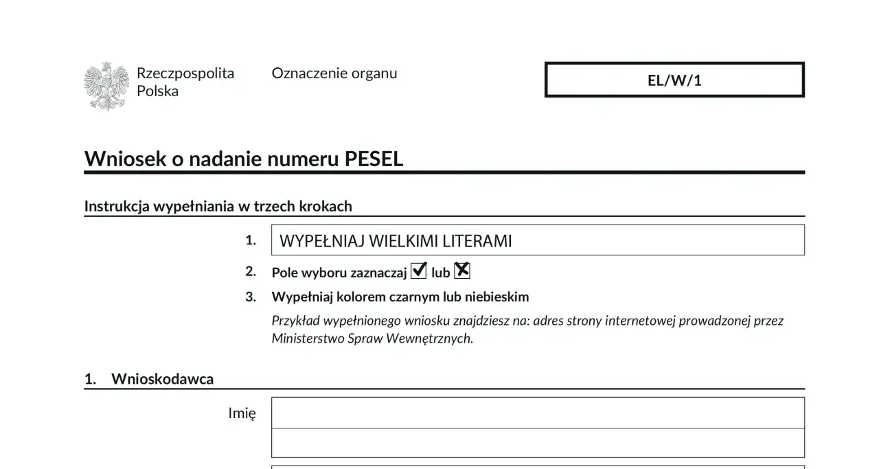 Wypełniony wniosek o nadanie numeru PESEL dla cudzoziemca przykład