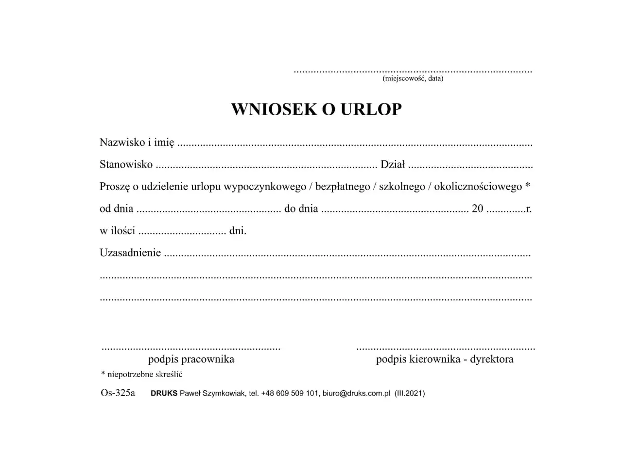 Wniosek o urlop okolicznościowy wzór