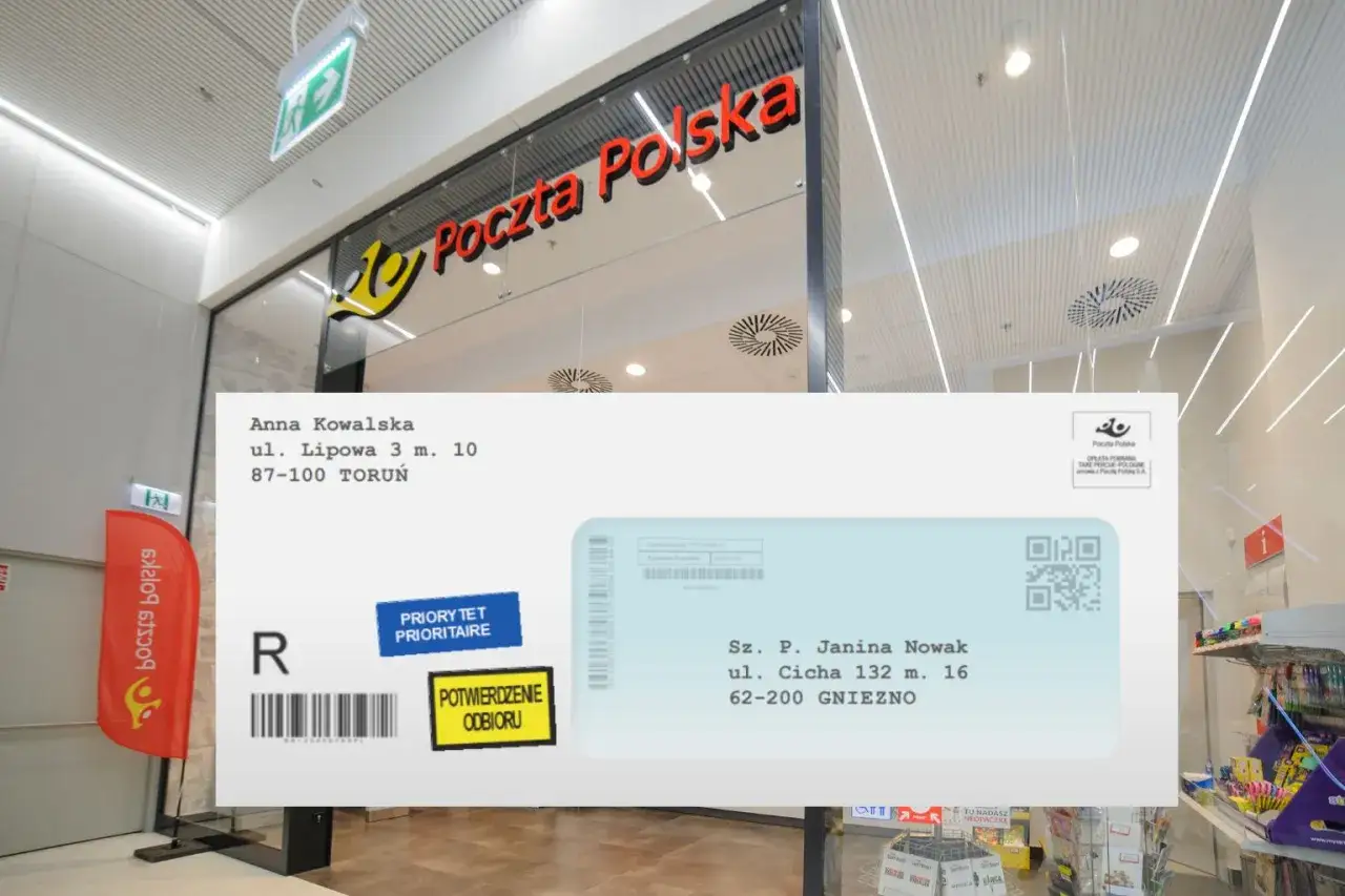 koperta z zaznaczonymi strefami adresowania poczta polska